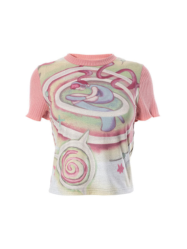 Cute Printed Patchwork Crew Neck T-Shirt -- YKIIY  CLOTHING