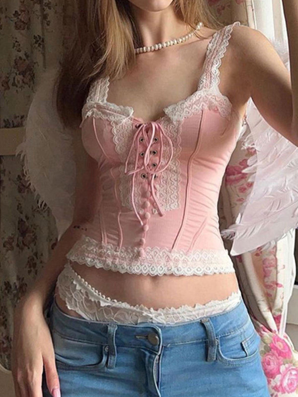 Decorative Lace Lace Up Camis -- YKIIY  CLOTHING