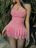 Diamante Strapless Ruffles Letter Mini Dress -- YKIIY  CLOTHING