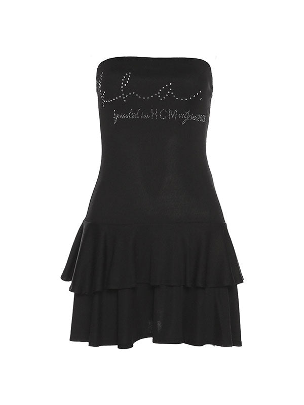 Diamante Strapless Ruffles Letter Mini Dress -- YKIIY  CLOTHING