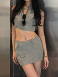 Drawstring Patchwork Stand Collar Two Piece Set -- YKIIY  CLOTHING