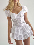 Fairy Crochet Cutout Corset Waist Square Neck Puff Sleeve Mini Dress -- YKIIY  CLOTHING