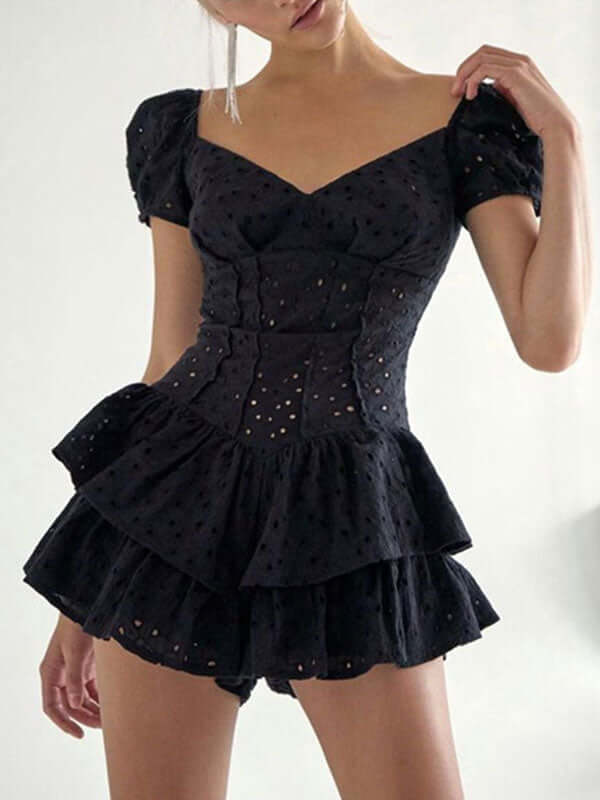 Fairy Crochet Cutout Corset Waist Square Neck Puff Sleeve Mini Dress -- YKIIY  CLOTHING