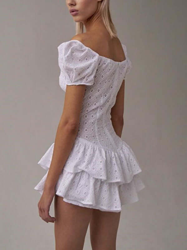 Fairy Crochet Cutout Corset Waist Square Neck Puff Sleeve Mini Dress -- YKIIY  CLOTHING