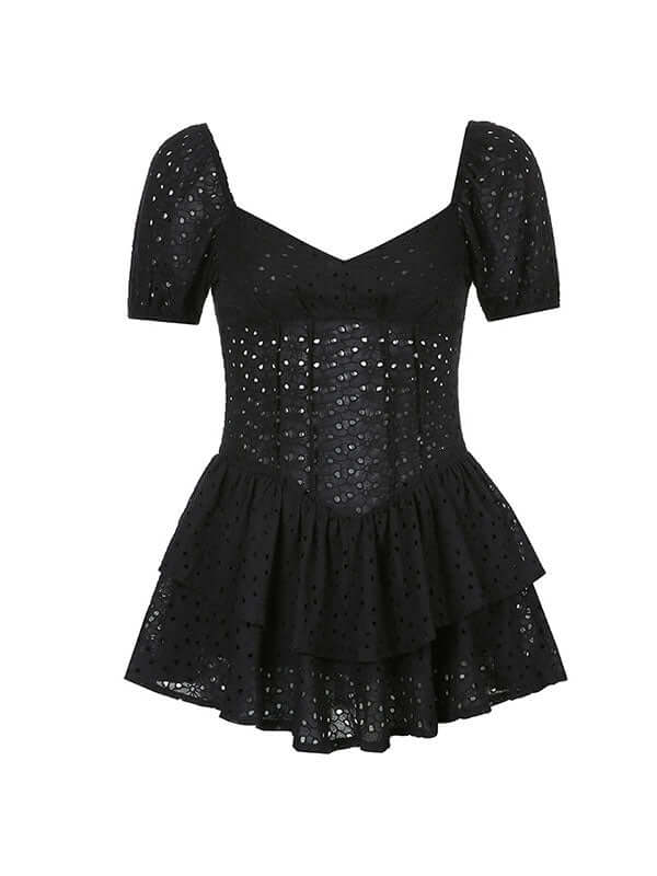 Fairy Crochet Cutout Corset Waist Square Neck Puff Sleeve Mini Dress -- YKIIY  CLOTHING