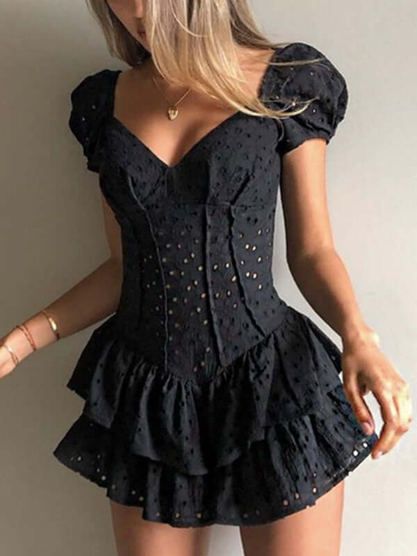 Fairy Crochet Cutout Corset Waist Square Neck Puff Sleeve Mini Dress -- YKIIY  CLOTHING