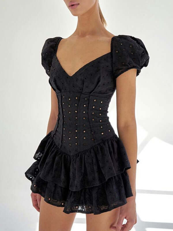 Fairy Crochet Cutout Corset Waist Square Neck Puff Sleeve Mini Dress -- YKIIY  CLOTHING