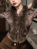 Faux Fur Collar Abstract Print Cardigan -- YKIIY  CLOTHING