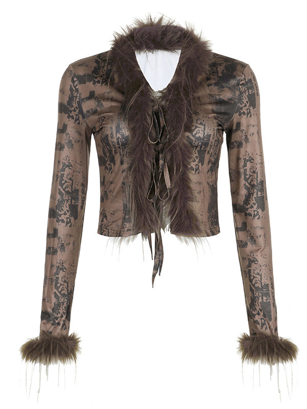 Faux Fur Collar Abstract Print Cardigan -- YKIIY  CLOTHING