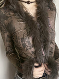 Faux Fur Collar Abstract Print Cardigan -- YKIIY  CLOTHING