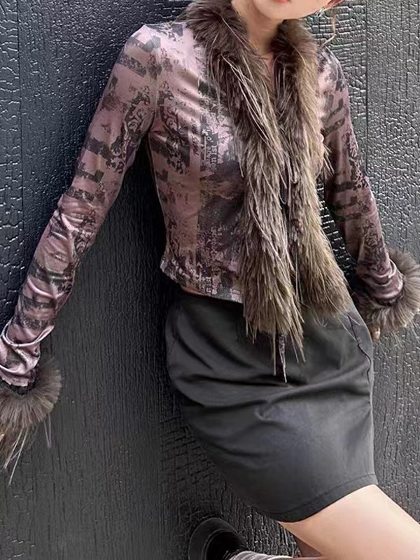 Faux Fur Collar Abstract Print Cardigan -- YKIIY  CLOTHING