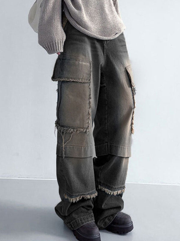 Frayed Trim Kangaroo Pocket Jeans -- YKIIY  CLOTHING