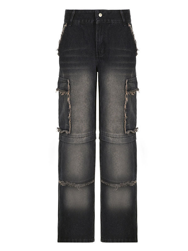 Frayed Trim Kangaroo Pocket Jeans -- YKIIY  CLOTHING