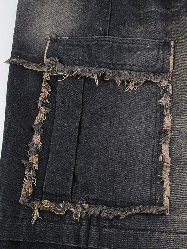 Frayed Trim Kangaroo Pocket Jeans -- YKIIY  CLOTHING