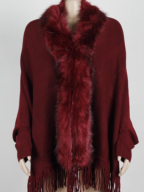 Fringed Cape Shawl Fur Collar Knitted Coat -- YKIIY  CLOTHING