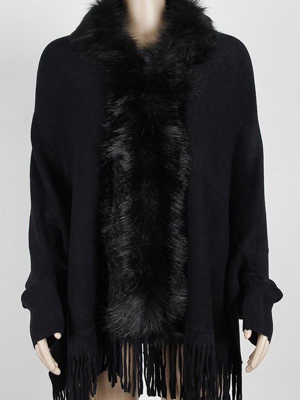 Fringed Cape Shawl Fur Collar Knitted Coat -- YKIIY  CLOTHING