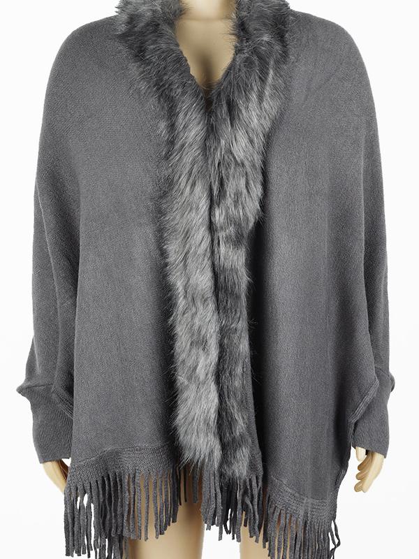 Fringed Cape Shawl Fur Collar Knitted Coat -- YKIIY  CLOTHING