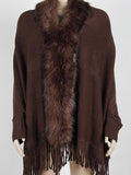 Fringed Cape Shawl Fur Collar Knitted Coat -- YKIIY  CLOTHING