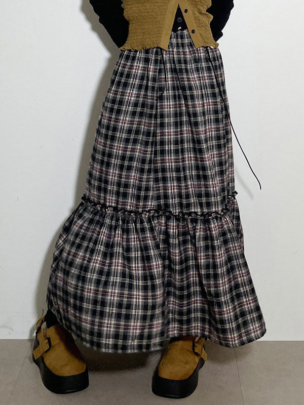 Gingham Elastic Waist Maxi Skirt -- YKIIY  CLOTHING