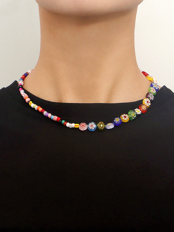 Glass Rainbow Flower Beaaded Necklace -- YKIIY  CLOTHING