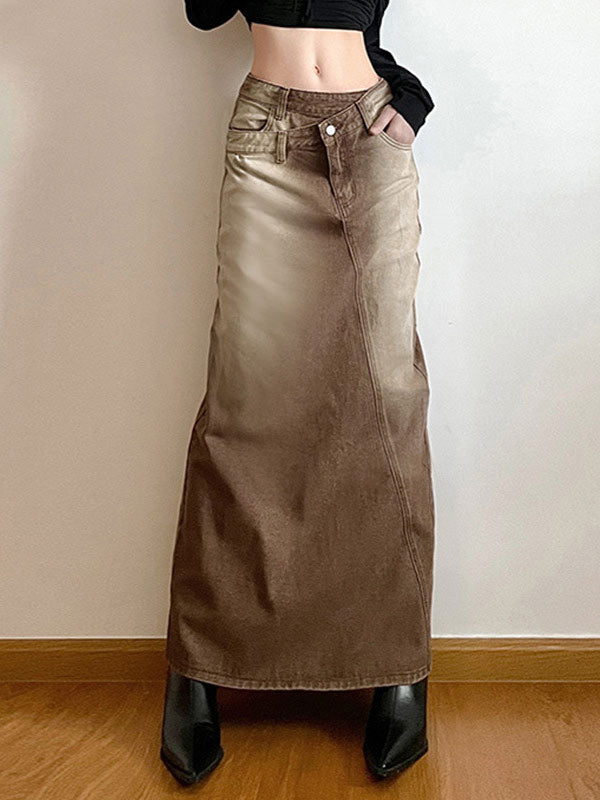 Gradient Denim Back Slit Maxi Skirt -- YKIIY  CLOTHING