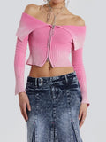 Gradient Zipper Open Shoulder Knitted Top -- YKIIY  CLOTHING