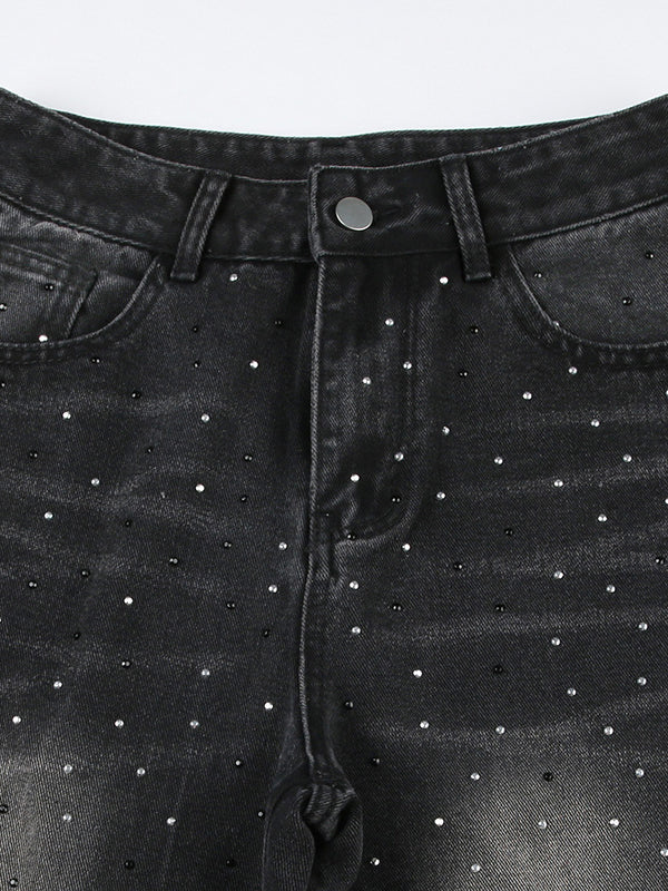 Gradient Zipper Whiskered Diamante Jeans -- YKIIY  CLOTHING