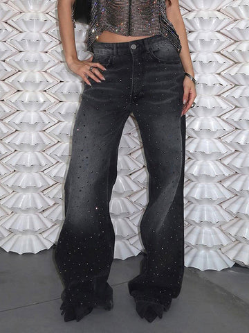 Gradient Zipper Whiskered Diamante Jeans -- YKIIY  CLOTHING