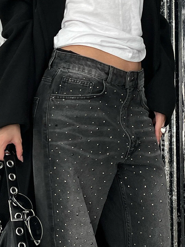 Gradient Zipper Whiskered Diamante Jeans -- YKIIY  CLOTHING