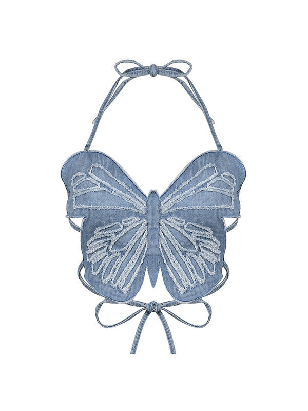 Halter Butterfly Frayed Raw Trims Camis -- YKIIY  CLOTHING