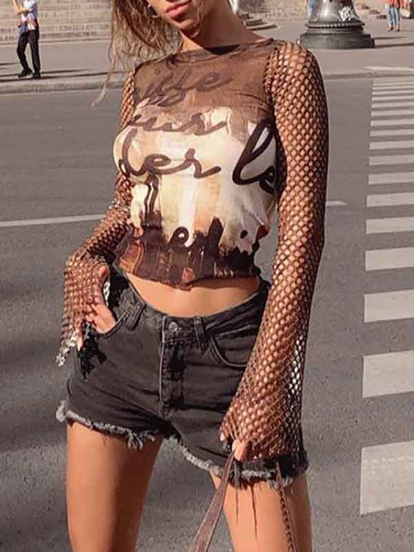 Hollow Out Mesh Patchwork Printed T-Shirt -- YKIIY  CLOTHING