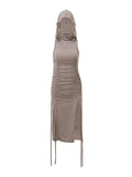 Hooded High Neck Drawstring Midi Dress -- YKIIY  CLOTHING