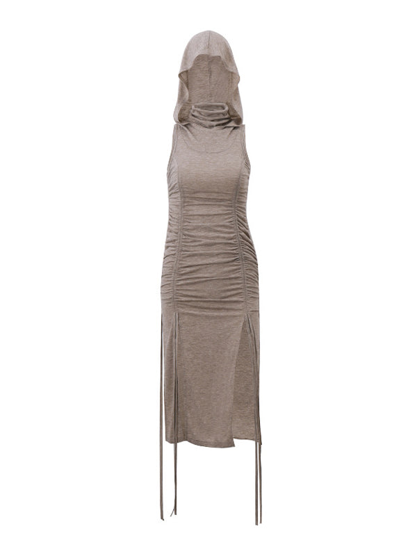 Hooded High Neck Drawstring Midi Dress -- YKIIY  CLOTHING