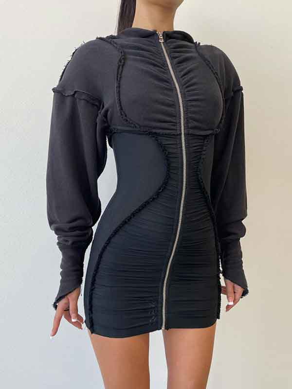 Hooded Pleated Patchwork Bodycon Mini Dress -- YKIIY  CLOTHING