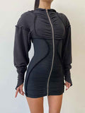 Hooded Pleated Patchwork Bodycon Mini Dress -- YKIIY  CLOTHING