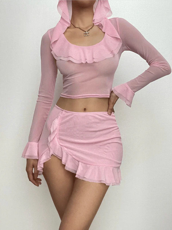 Hooded Ruffled Hem Two Piece Set -- YKIIY  CLOTHING