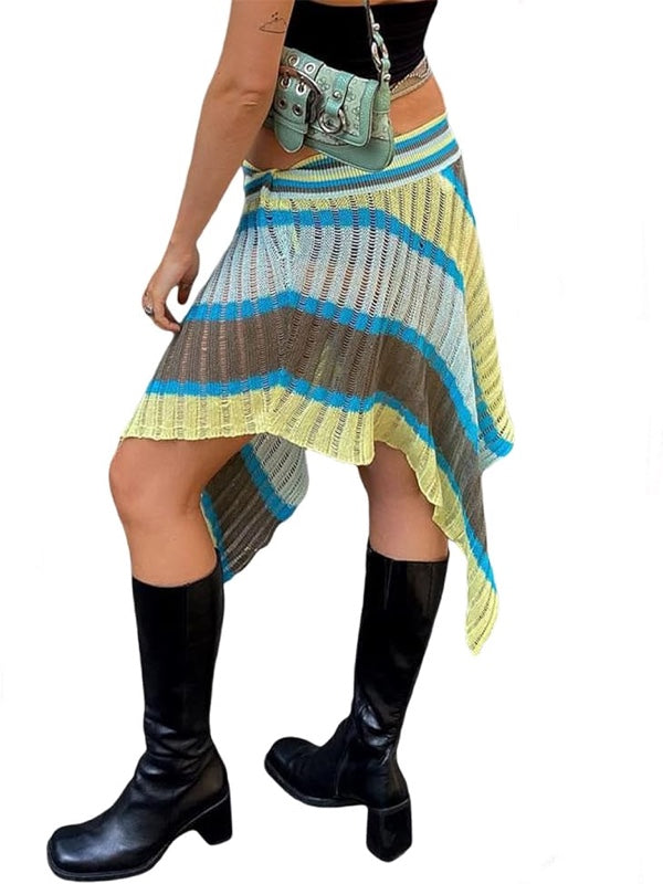 Knitted Striped Asymmetric Hem Skirts -- YKIIY  CLOTHING