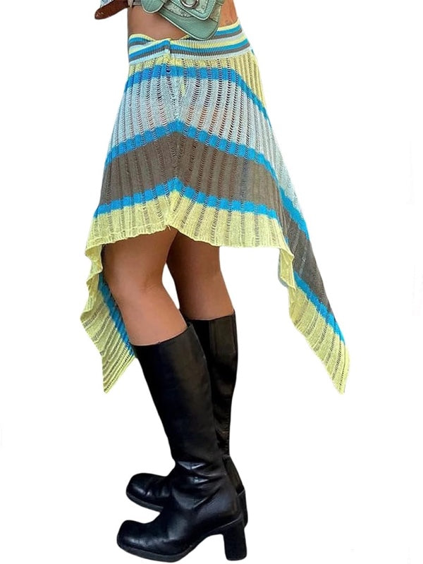 Knitted Striped Asymmetric Hem Skirts -- YKIIY  CLOTHING