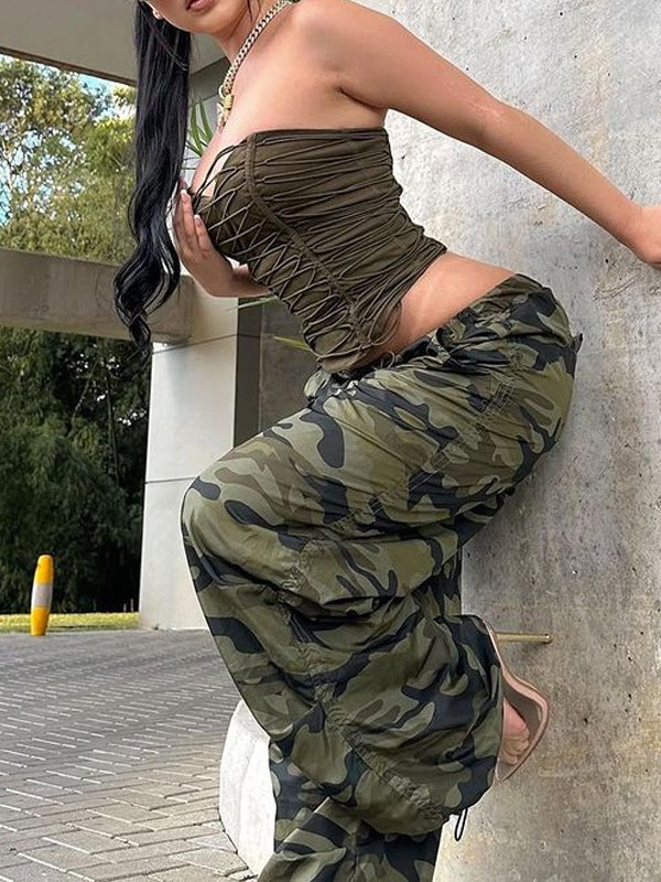 Lace Up Camouflage Two Piece Set(Pre-Sale) -- YKIIY  CLOTHING