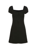 Lace Up V Neck Solid Black Mini Dress -- YKIIY  CLOTHING