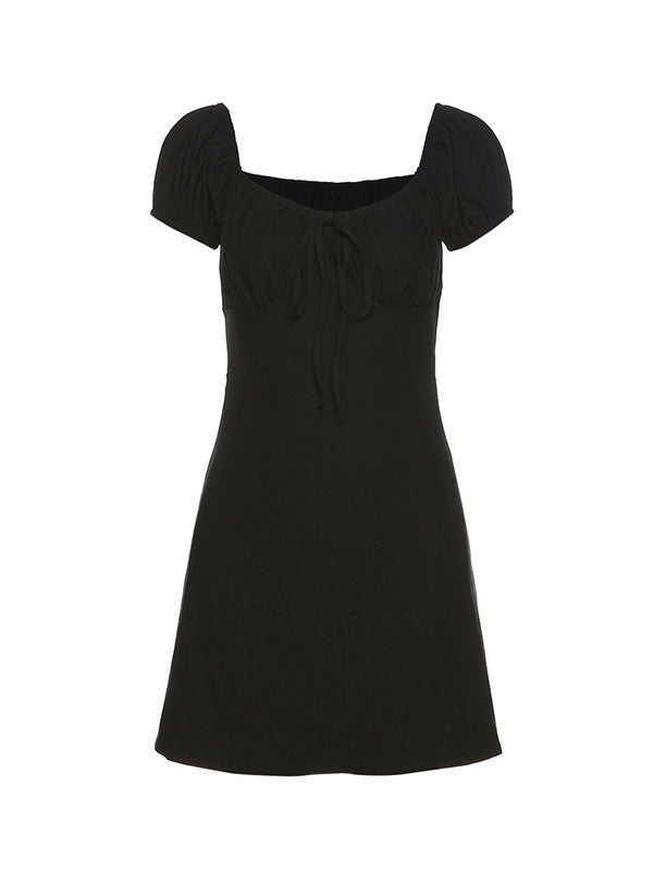 Lace Up V Neck Solid Black Mini Dress -- YKIIY  CLOTHING