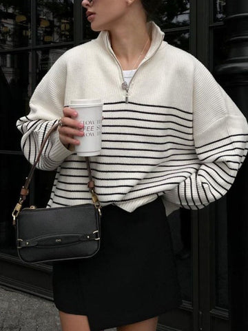 Lapel Striped Zipper Knitted Sweaters -- YKIIY  CLOTHING