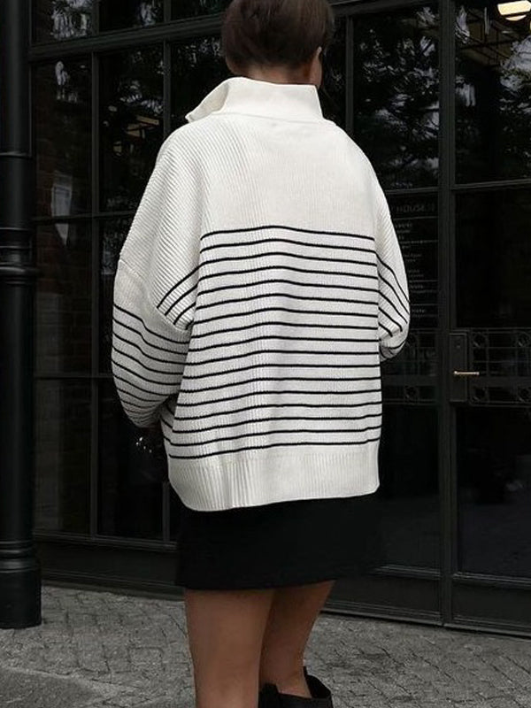 Lapel Striped Zipper Knitted Sweaters -- YKIIY  CLOTHING