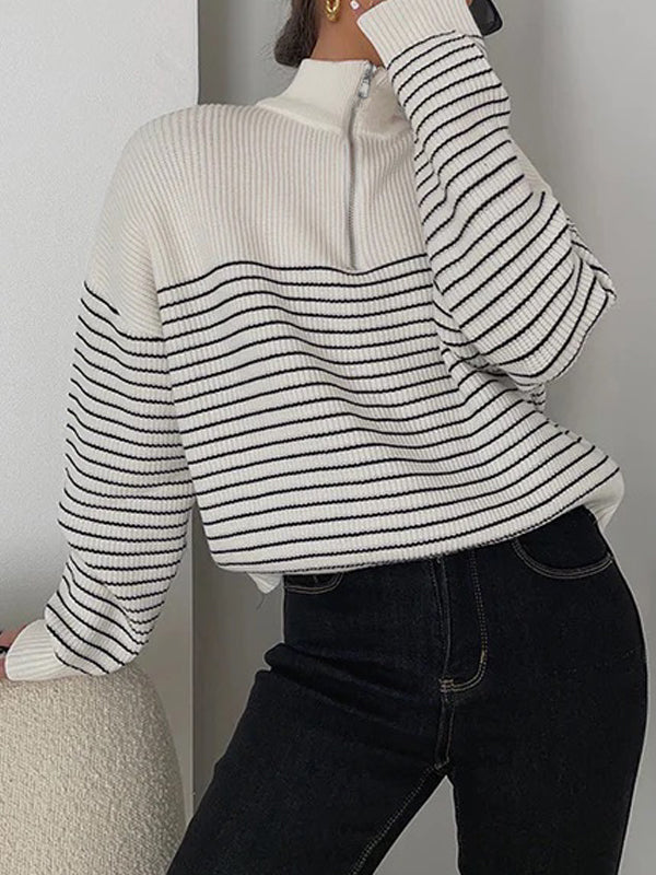 Lapel Striped Zipper Knitted Sweaters -- YKIIY  CLOTHING