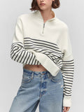 Lapel Striped Zipper Knitted Sweaters -- YKIIY  CLOTHING