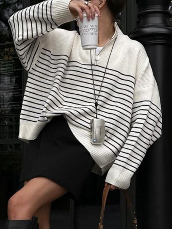 Lapel Striped Zipper Knitted Sweaters -- YKIIY  CLOTHING