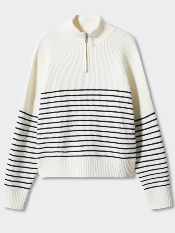 Lapel Striped Zipper Knitted Sweaters -- YKIIY  CLOTHING