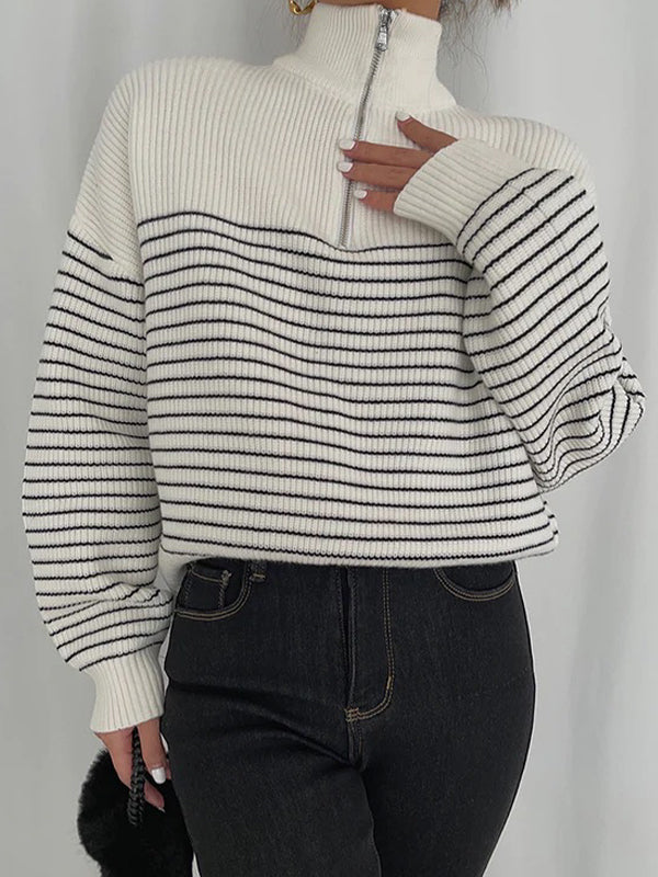 Lapel Striped Zipper Knitted Sweaters -- YKIIY  CLOTHING