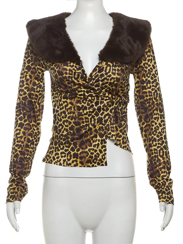 Leopard Printed Faux Fur Collar Crop Top -- YKIIY  CLOTHING