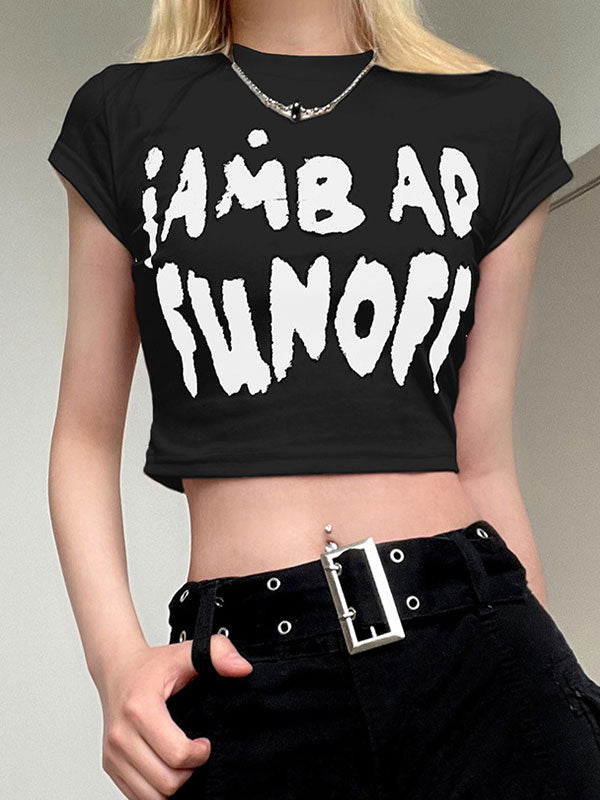 Letter Print Color Block Crop Top -- YKIIY  CLOTHING